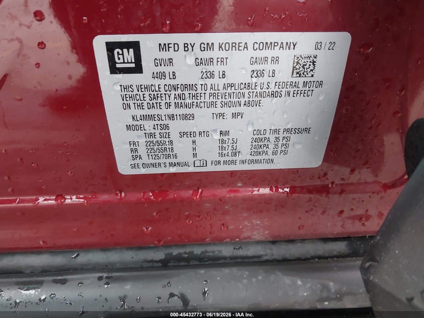 2022 Buick Encore Gx Awd Select VIN: KL4MMESL1NB110829 Lot: 45432773
