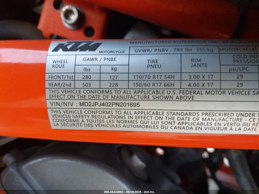2023 Ktm 390 Duke VIN: MD2JPJ402PN201695 Lot: 45432802