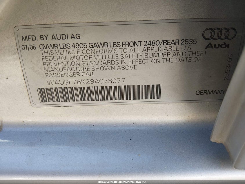 AUDI A4 2009 VIN WAUSF78K29A078077