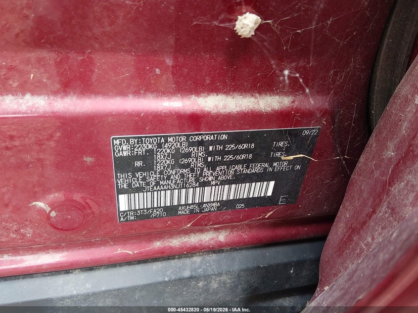 2022 Toyota Venza Le VIN: JTEAAAAH3NJ116284 Lot: 45432820