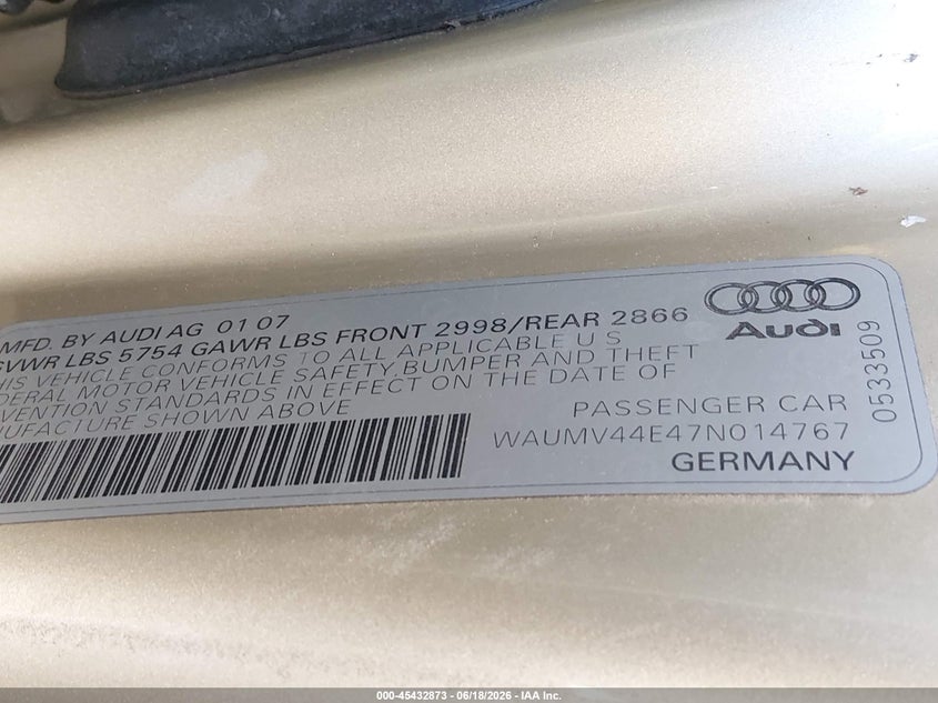 2007 Audi A8 L 4.2 VIN: WAUMV44E47N014767 Lot: 45432873