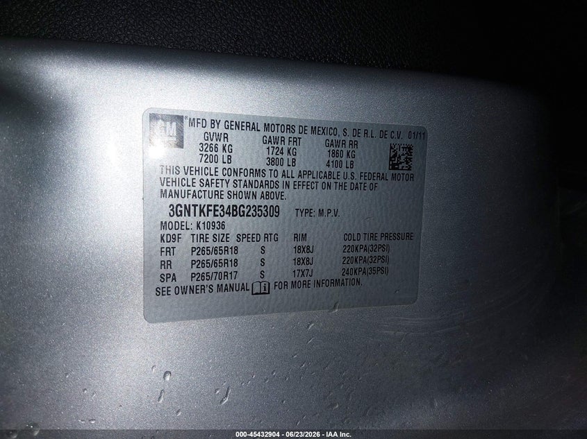 2011 Chevrolet Avalanche 1500 Lt1 VIN: 3GNTKFE34BG235309 Lot: 45432904