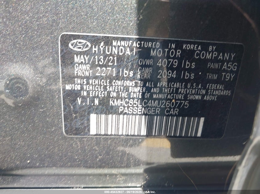 2021 Hyundai Ioniq Hybrid Sel VIN: KMHC85LC4MU260775 Lot: 45432927