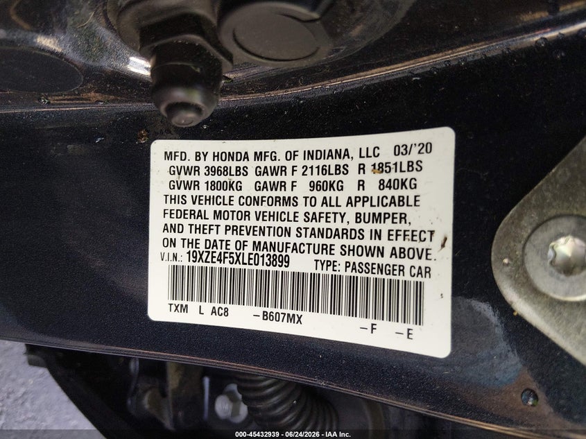 2020 Honda Insight Ex VIN: 19XZE4F5XLE013899 Lot: 45432939