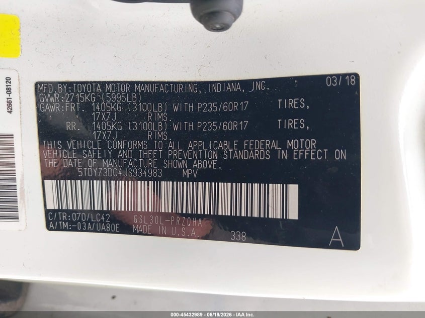 VIN 5TDYZ3DC4JS934983 2018 TOYOTA SIENNA XLE 8 PASSENGER