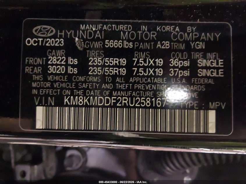 2024 Hyundai Ioniq 5 Se VIN: KM8KMDDF2RU258167 Lot: 45433000