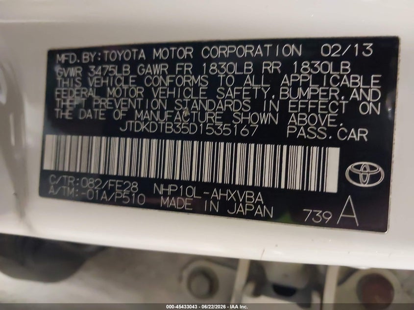 2013 Toyota Prius C One VIN: JTDKDTB35D1535167 Lot: 45433043