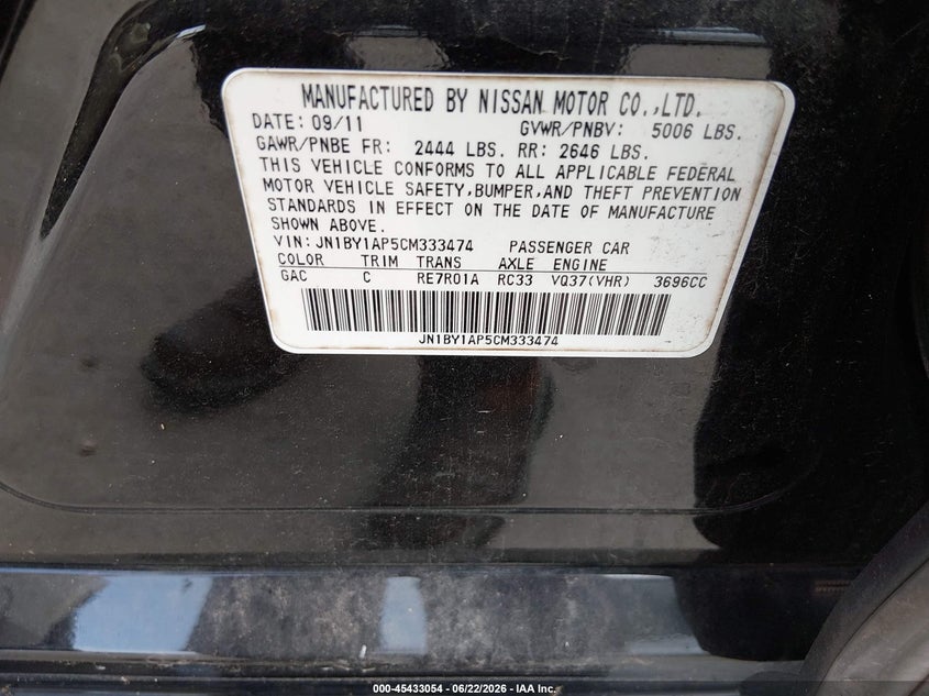 2012 Infiniti M37 VIN: JN1BY1AP5CM333474 Lot: 45433054