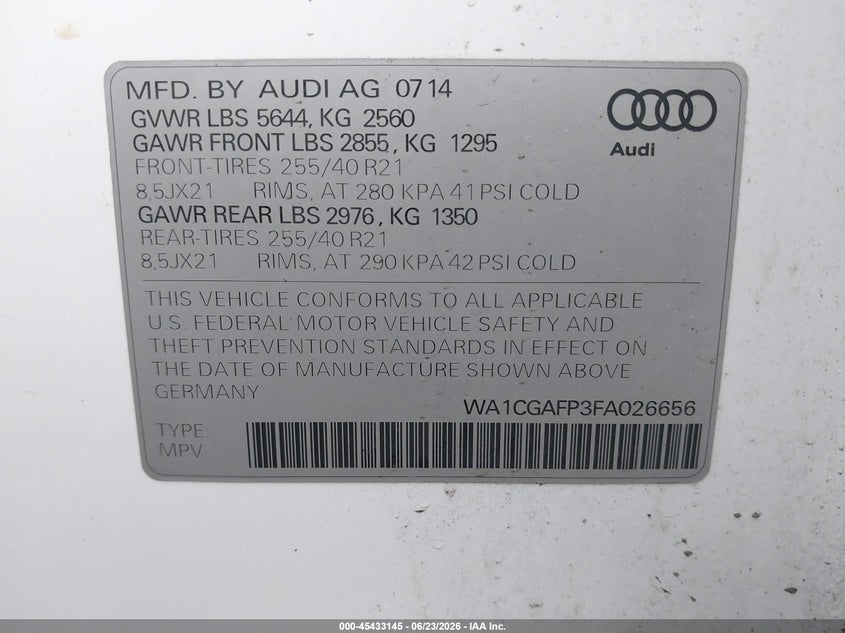 2015 Audi Sq5 3.0T Premium Plus VIN: WA1CGAFP3FA026656 Lot: 45433145