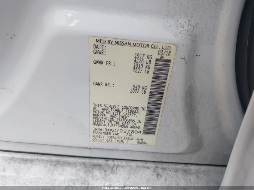 VIN 1N4AL3AP2JC227804 2018 NISSAN ALTIMA 2.5 SR