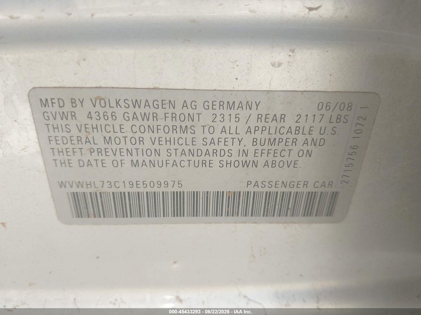 2009 Volkswagen Cc Luxury VIN: WVWHL73C19E509975 Lot: 45433293