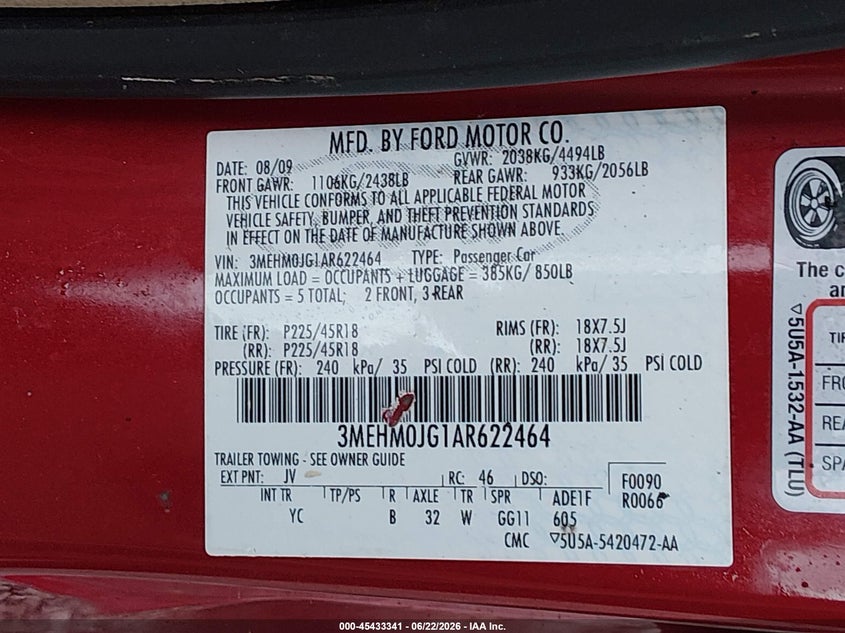 2010 Mercury Milan Premier VIN: 3MEHM0JG1AR622464 Lot: 45433341