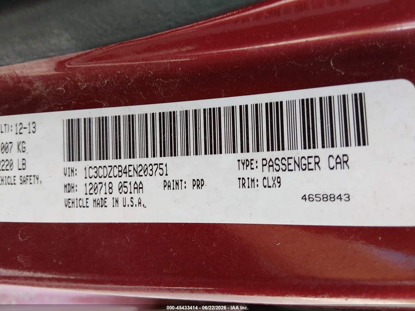 2014 Dodge Avenger Sxt VIN: 1C3CDZCB4EN203751 Lot: 45433414