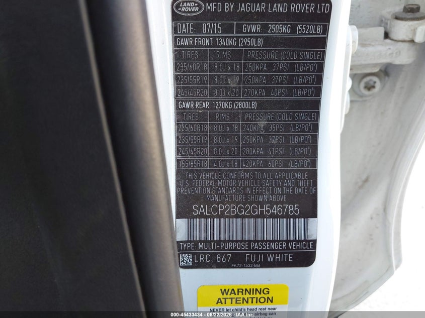 2016 Land Rover Discovery Sport Se VIN: SALCP2BG2GH546785 Lot: 45433434