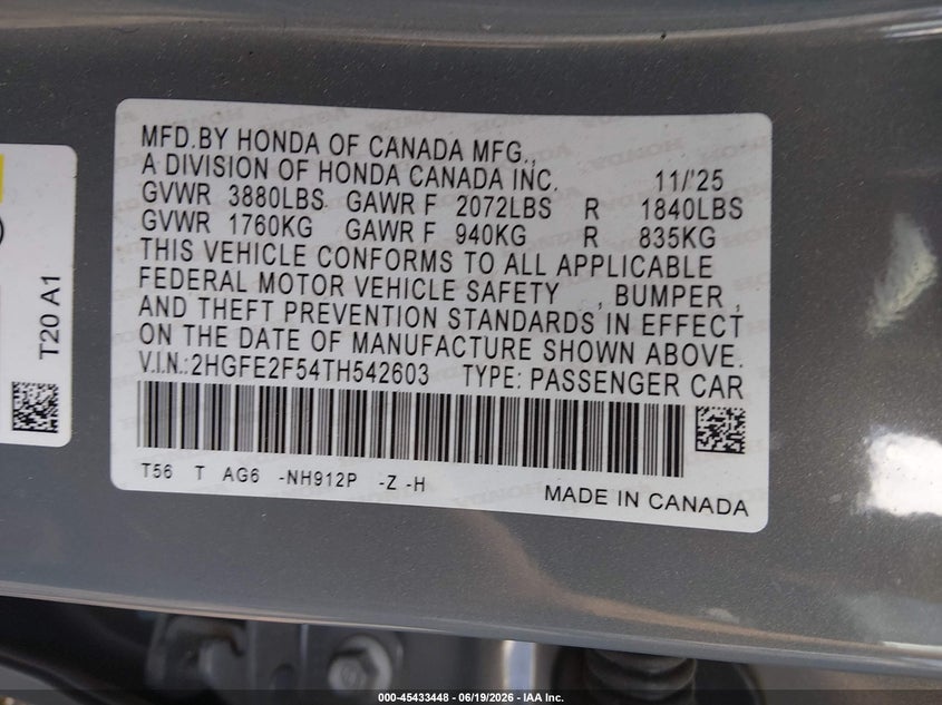 HONDA CIVIC 2026 VIN 2HGFE2F54TH542603