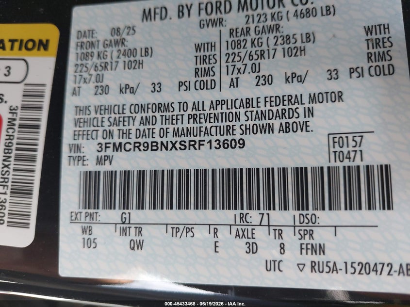 2025 Ford Bronco Sport Big Bend VIN: 3FMCR9BNXSRF13609 Lot: 45433468