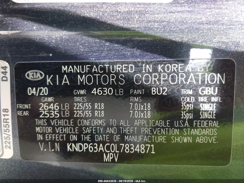 VIN KNDP63AC0L7834871 2020 KIA SPORTAGE S
