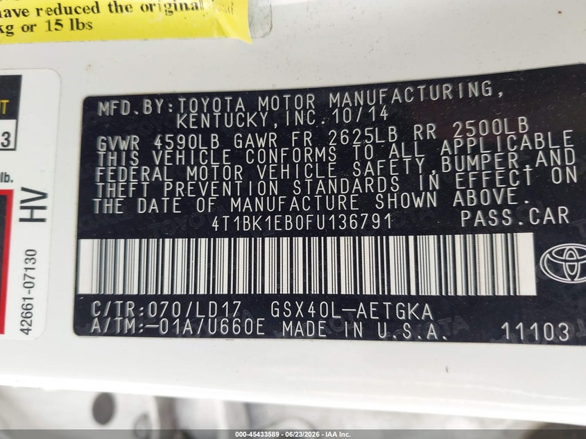 2015 Toyota Avalon Xle VIN: 4T1BK1EB0FU136791 Lot: 45433589