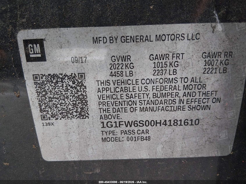 2017 Chevrolet Bolt Ev Lt VIN: 1G1FW6S00H4181610 Lot: 45433598