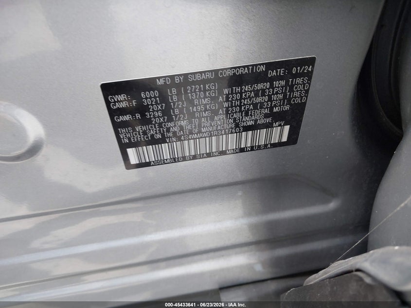 2024 Subaru Ascent Touring 7-Passenger VIN: 4S4WMAWD1R3417603 Lot: 45433641