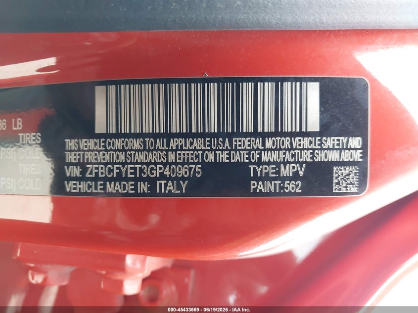 2016 Fiat 500X Trekking Plus VIN: ZFBCFYET3GP409675 Lot: 45433669