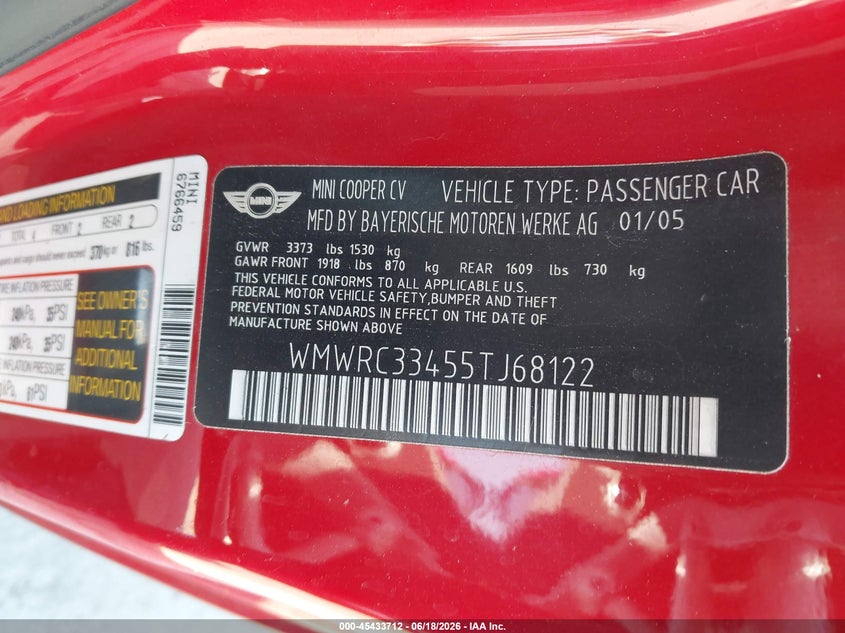 2005 Mini Cooper VIN: WMWRC33455TJ68122 Lot: 45433712