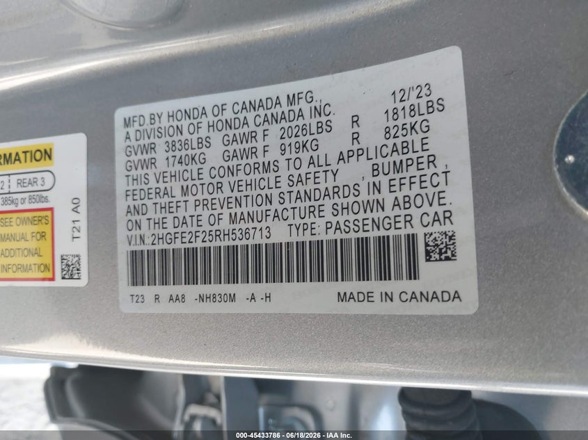 2024 HONDA CIVIC SEDAN 2.0L I-4 DI, DOHC, VVT, 158HP
