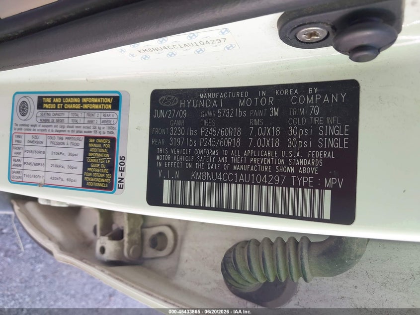 2010 Hyundai Veracruz Limited VIN: KM8NU4CC1AU104297 Lot: 45433865