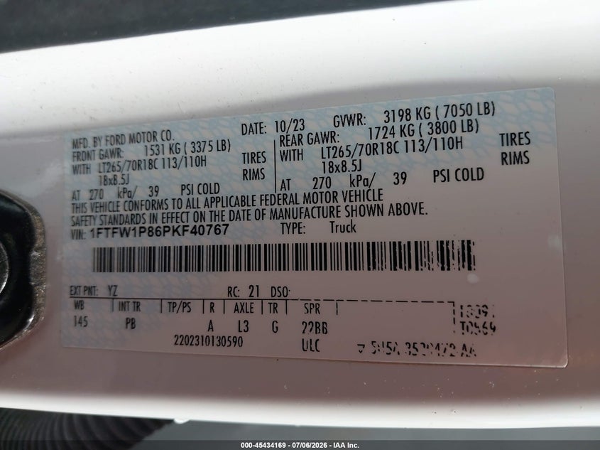 FORD F150 2023 VIN 1FTFW1P86PKF40767