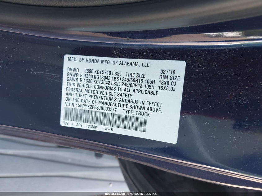 2018 Honda Ridgeline Rtl-T VIN: 5FPYK2F63JB003277 Lot: 45434290