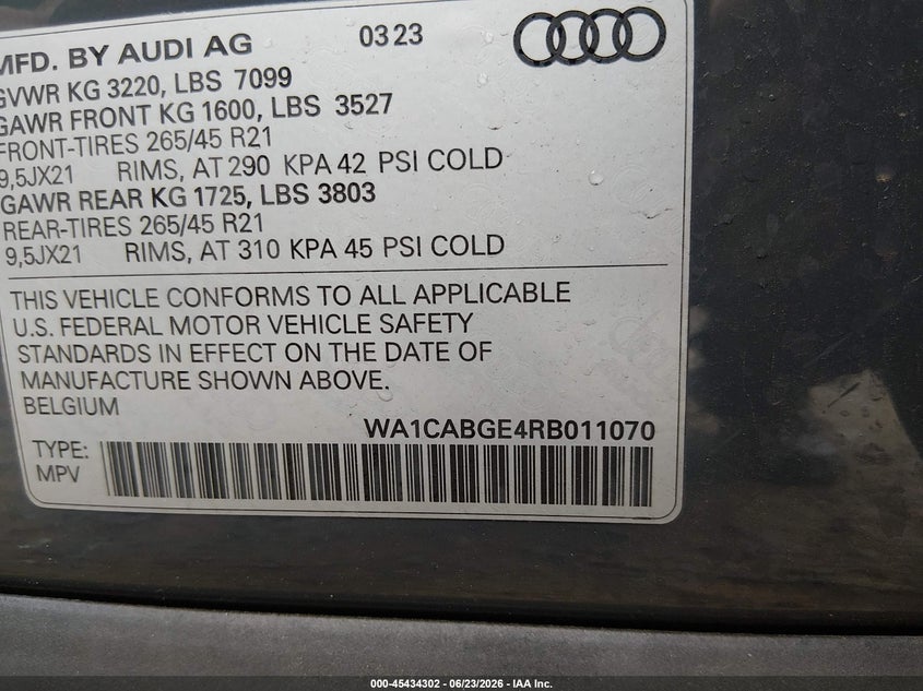 2024 Audi Q8 E-Tron S Line Premium Plus Quattro VIN: WA1CABGE4RB011070 Lot: 45434302