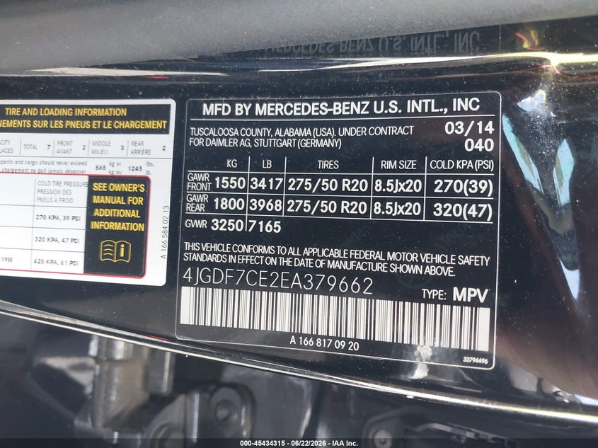 2014 Mercedes-Benz Gl 450 4Matic VIN: 4JGDF7CE2EA379662 Lot: 45434315