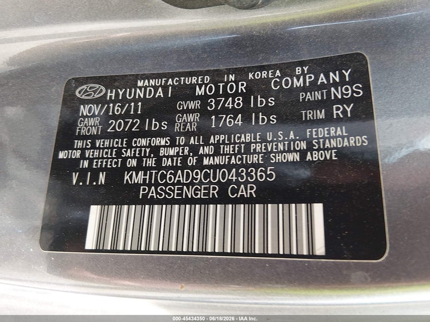 2012 Hyundai Veloster Base W/Black VIN: KMHTC6AD9CU043365 Lot: 45434350