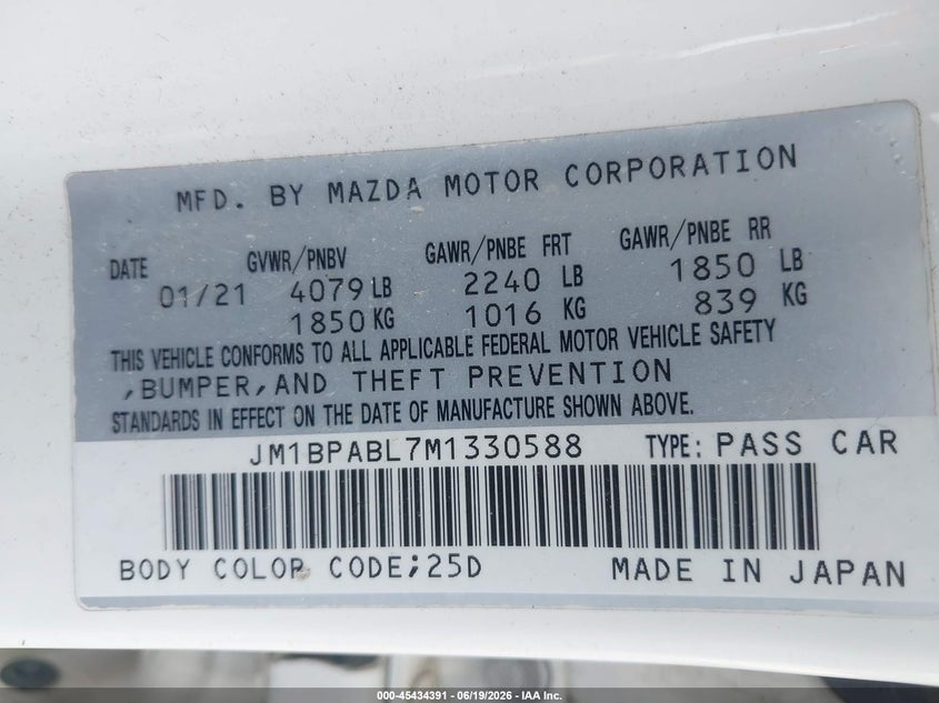 2021 Mazda Mazda3 Select VIN: JM1BPABL7M1330588 Lot: 45434391