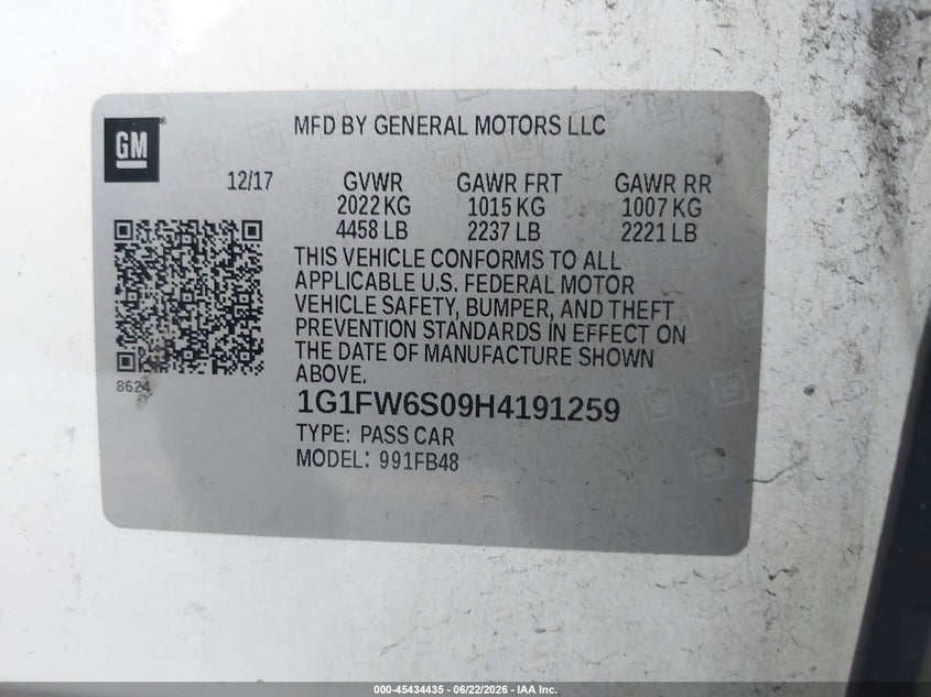 2017 Chevrolet Bolt Ev Lt VIN: 1G1FW6S09H4191259 Lot: 45434435