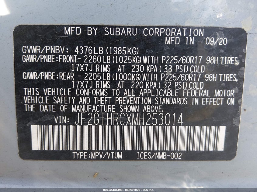 2021 SUBARU XV SPORT UTILITY VEHICLE 2.5L H-4 DI, DOHC, VVT, 182HP