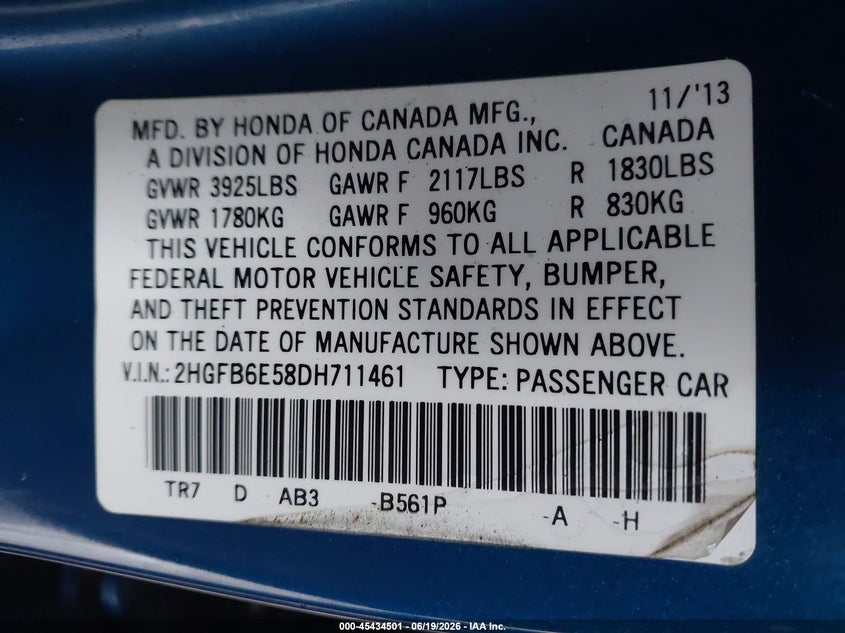 2013 HONDA CIVIC SEDAN 2.4L I-4 DOHC, VVT, 201HP