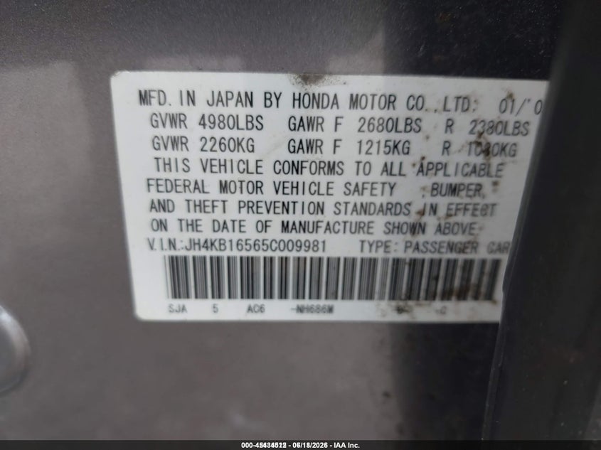 2005 Acura Rl 3.5 VIN: JH4KB16565C009981 Lot: 45434512