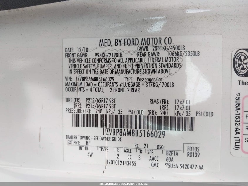 2011 FORD MUSTANG COUPE 3.7L V-6 DOHC, VVT, 305HP