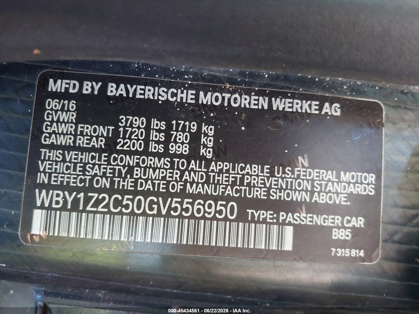 2016 BMW I3 VIN: WBY1Z2C50GV556950 Lot: 45434561