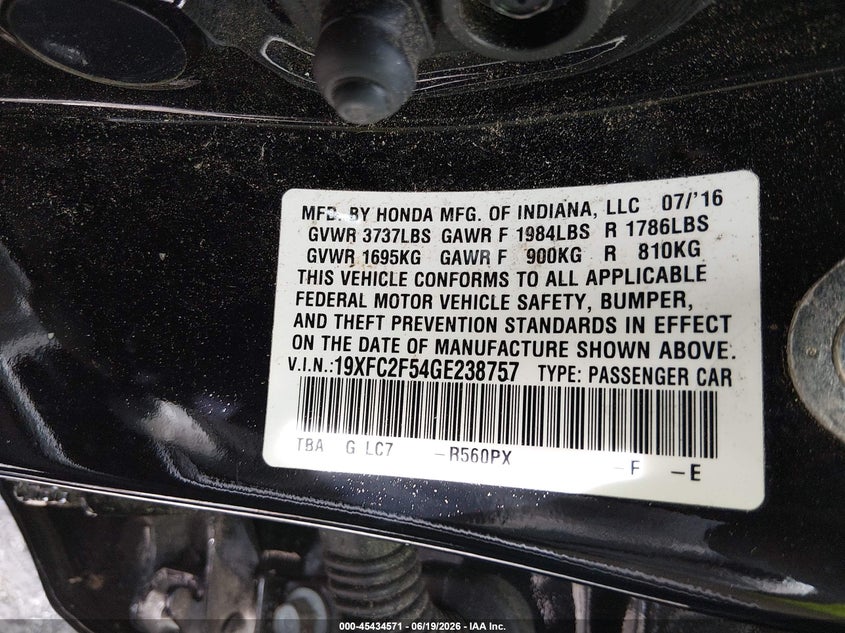 HONDA CIVIC 2016 VIN 19XFC2F54GE238757
