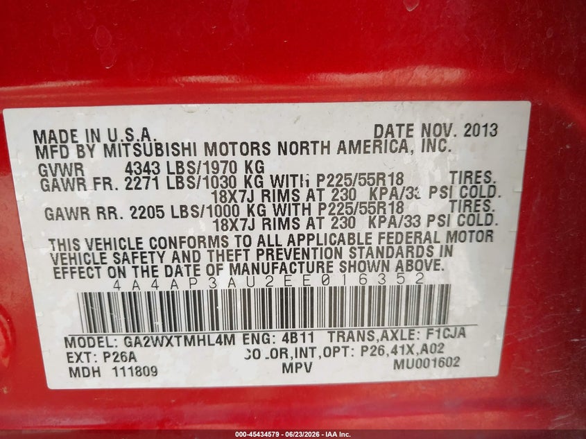 2014 Mitsubishi Outlander Sport Es VIN: 4A4AP3AU2EE016352 Lot: 45434579