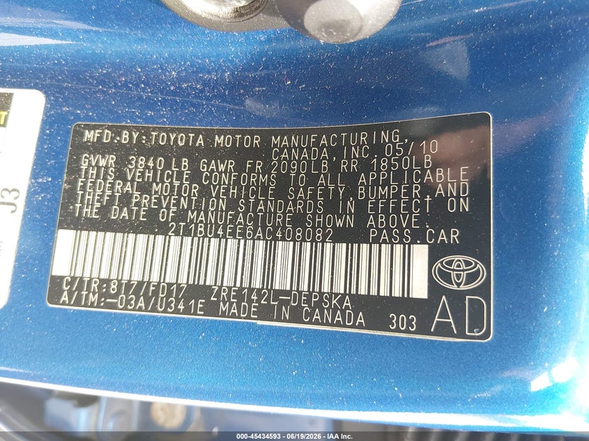 2010 TOYOTA COROLLA SEDAN 1.8L I-4 DOHC, VVT, 132HP