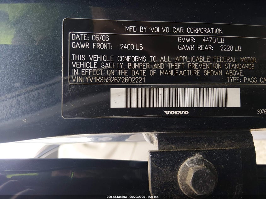 2007 Volvo S60 2.5T VIN: YV1RS592672602221 Lot: 45434603