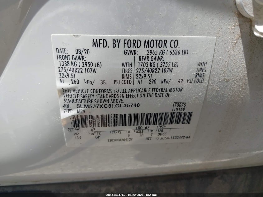 2020 Lincoln Aviator Reserve VIN: 5LM5J7XC8LGL35748 Lot: 45434762
