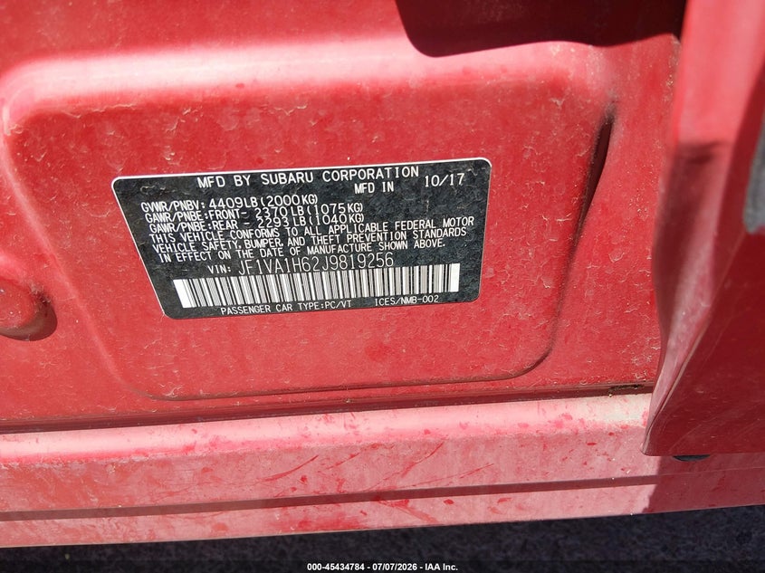 2018 Subaru Wrx Limited VIN: JF1VA1H62J9819256 Lot: 45434784