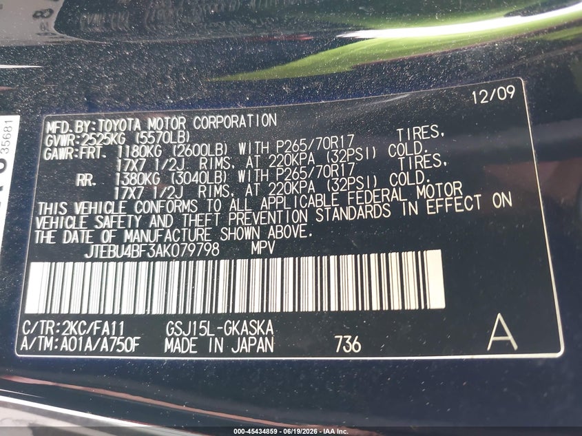 2010 Toyota Fj Cruiser VIN: JTEBU4BF3AK079798 Lot: 45434859