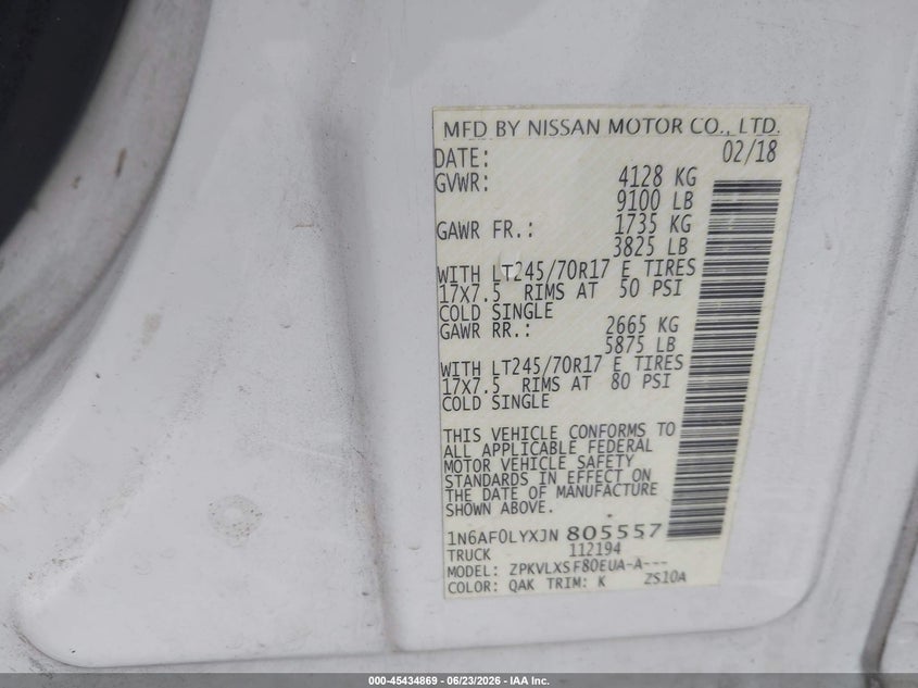 2018 Nissan Nv Cargo Nv2500 Hd Sv V8 VIN: 1N6AF0LYXJN805557 Lot: 45434869