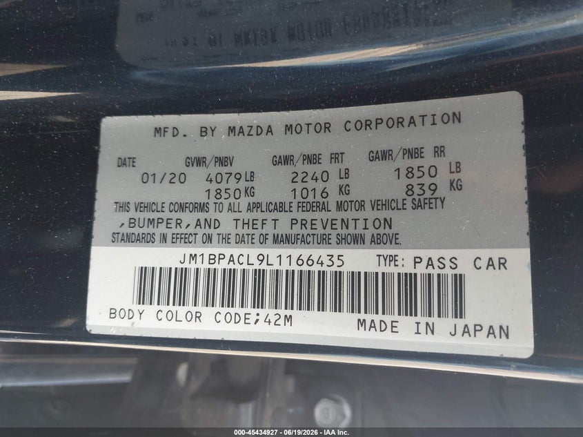 2020 Mazda Mazda3 Select Package VIN: JM1BPACL9L1166435 Lot: 45434927
