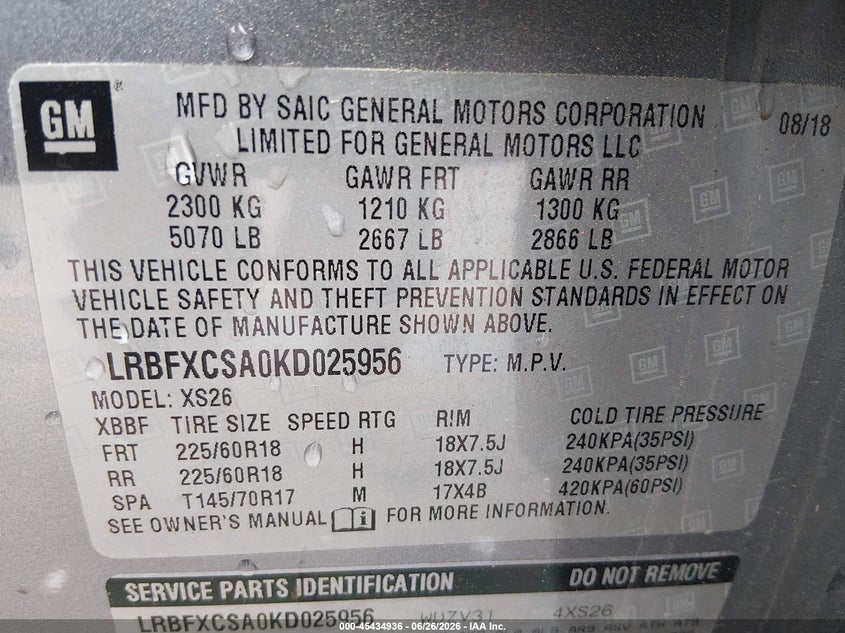 2019 Buick Envision Fwd Essence VIN: LRBFXCSA0KD025956 Lot: 45434936